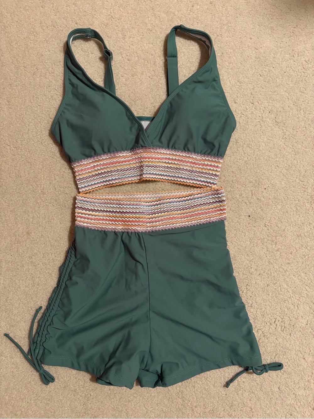 Women's Green Two-Piece Swimsuit with Multicolor Waistband